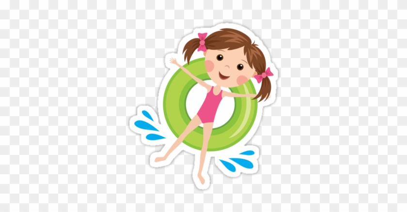 Cute Girl With Brown Hair On A Green Inflatable Ring - Party Favor #320650