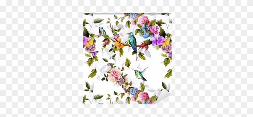 Humming Bird, Roses, Peony With Leaves On White - Papel Con Colibries En Fondo Rosa #331377