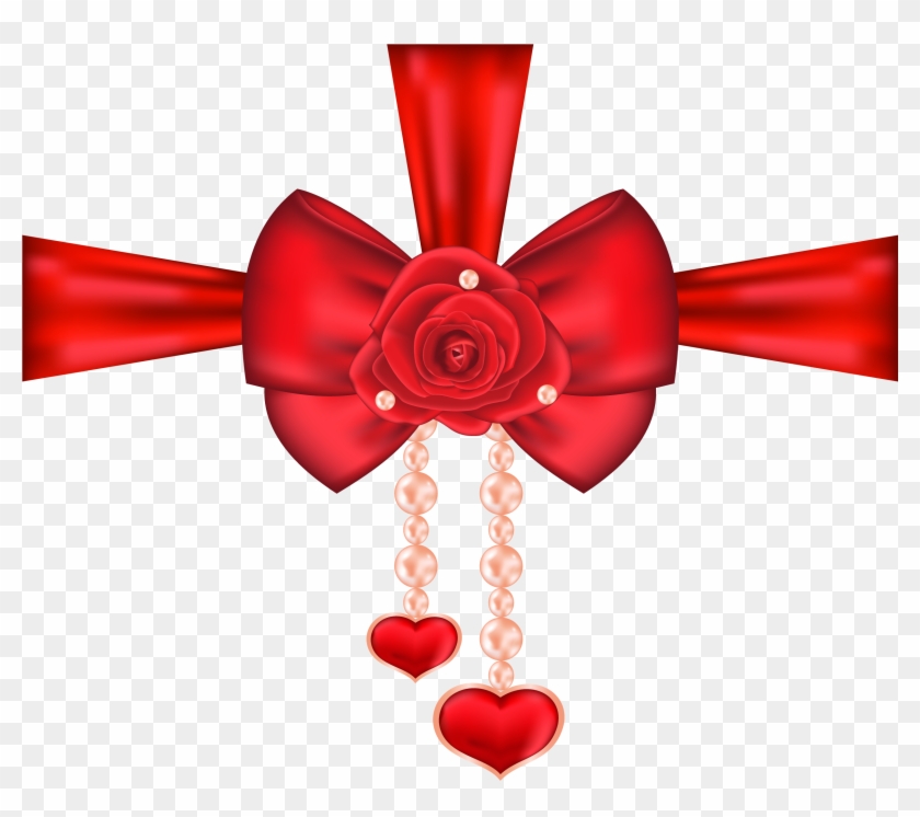 Red Decorative Bow With Rose And Hearts Png Clipart - Red #333065