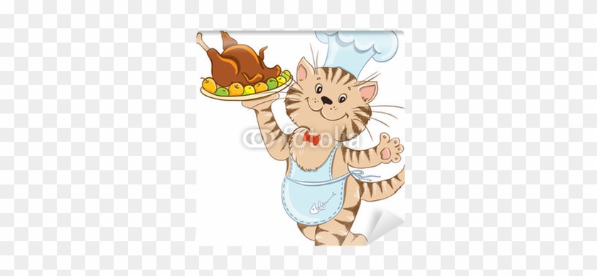 Cartoon Cat Chef With Grilled Chicken - Gatos Chef Animados #335482