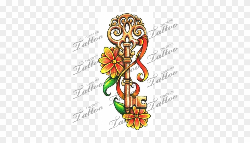 Marketplace Tattoo Vintage Key With Flowers And A Ribbon - Archangel Michael Tattoo Designs #340675