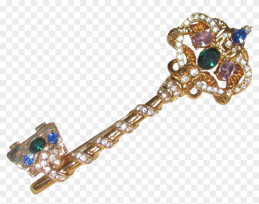 Trifari Multi-color Bejeweled Skeleton Key Pin - Crystal #341156