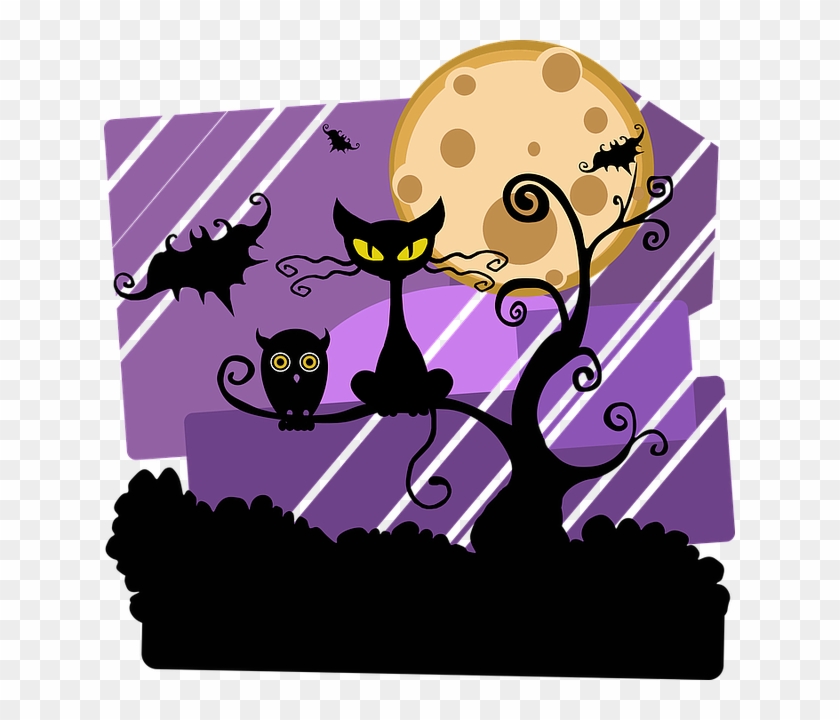 Night, Halloween, Moon, Cat, Tree, Outside, Owl, Bat - Halloween Scene Clip Art #344487