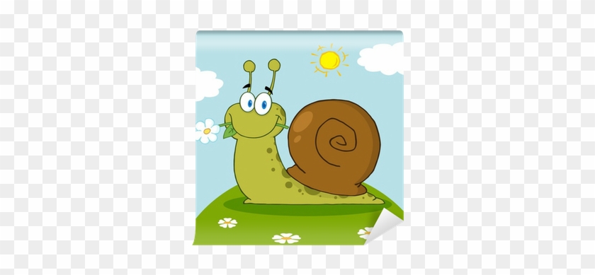 Happy Cartoon Snail With A Flower In Its Mouth On A - Cartoon Snail #344525