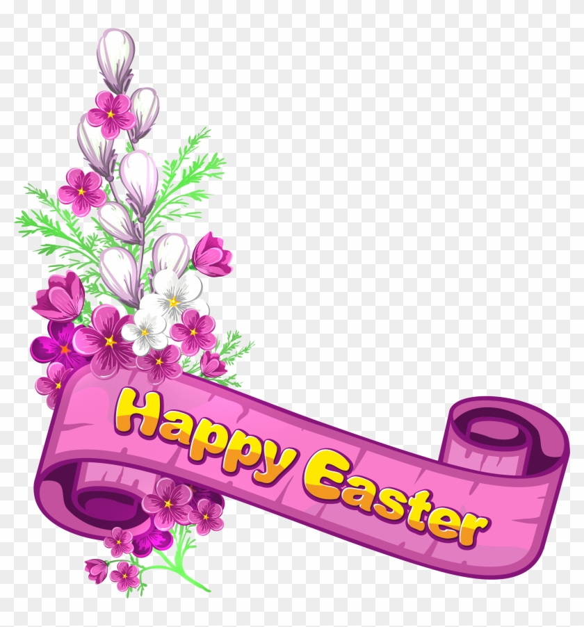 Pink Happy Easter Banner And Flowers - Happy Easter Border Clipart #61024