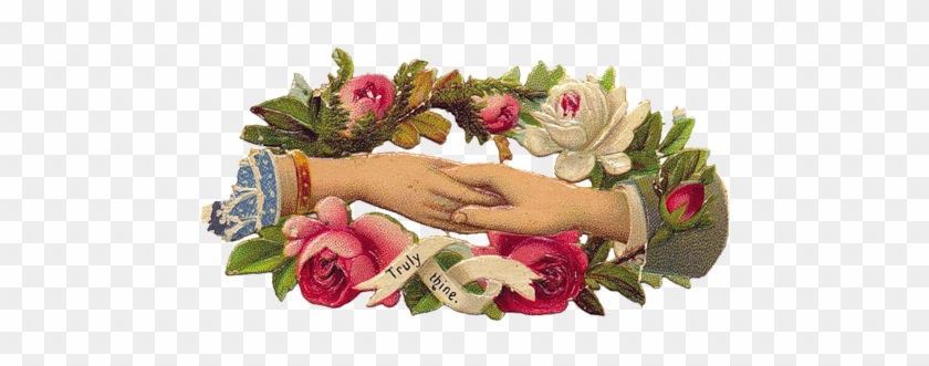 "truly Thine" ~ Victorian Clasped Hands With Flowers - Garden Roses #353407