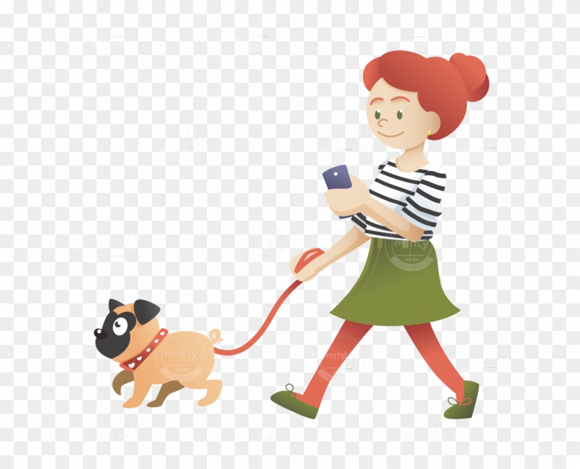 A Redhead Girl Walking With Her Pug And Checking Her - Girl With Pug Clipart #353600