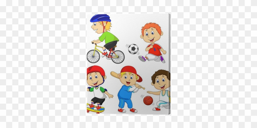 Funny Boy Cartoon Character Doing Sport Canvas Print - Cartoon Sports Kid #354697