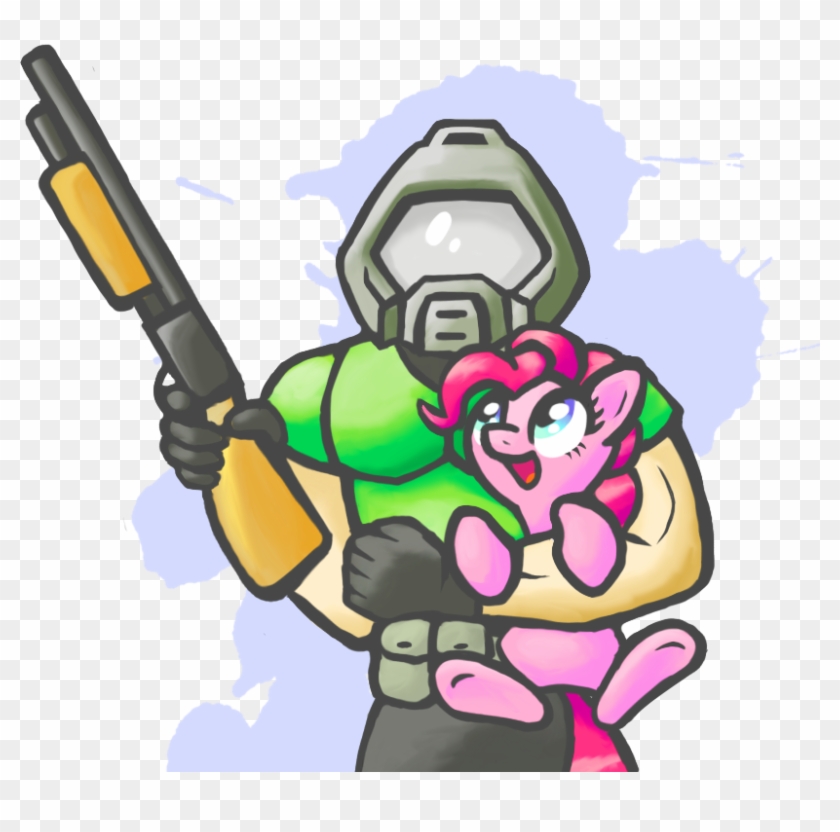 Metax-z, Crossover, Doom, Doomguy, Gun, Holding A Pony, - Doom Pinkie Pie #360658