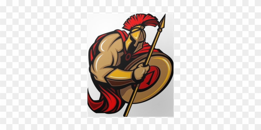Spartan Trojan Mascot Cartoon With Spear And Shield - Cartoon Spartan War #365479