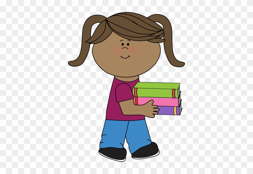 Little Girl Carrying A Stack Of Books - Clipart Girl #366670