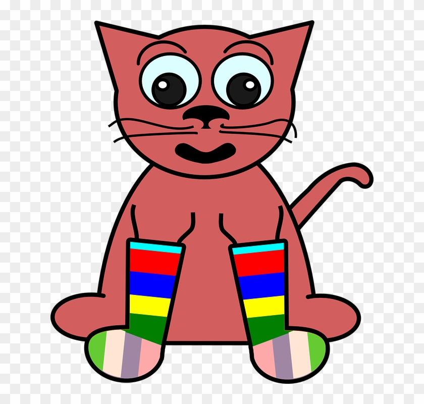 Cat, Drawing, Happy, Cartoon, Pink, Crazy, Rainbow - Cat With Socks Cartoon #368371