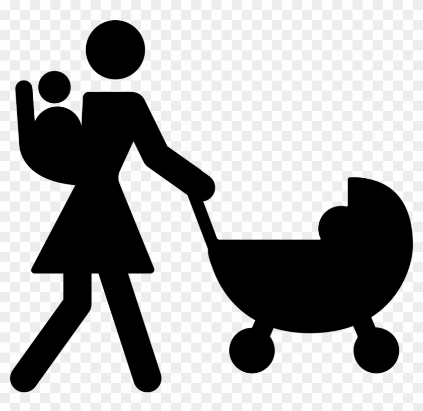 Mother Walking With Baby On Her Back And Other On Stroller - Iconos Caminando #370766