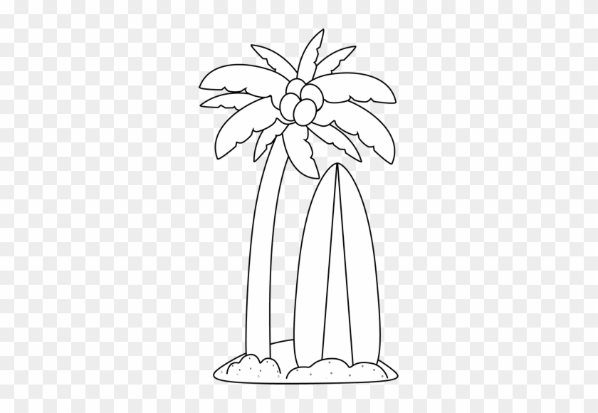 Black And White Surfboard Under A Palm Tree - Palm Tree And Surfboard Clipart #383330