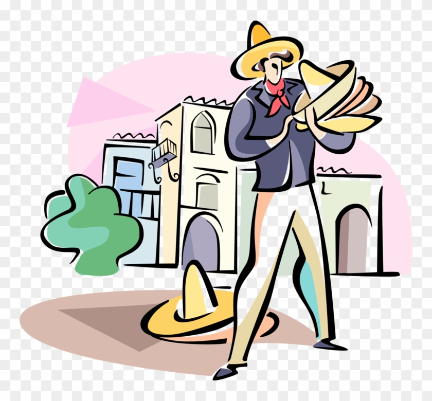 Vector Illustration Of Hat Merchant Selling Mexican - Vector Illustration Of Hat Merchant Selling Mexican #384239
