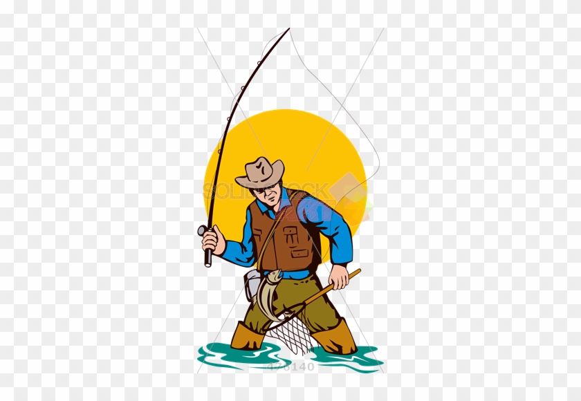 Cartoon Rendering Of Fisherman Fly Fishing Holding - Fly Fishing Clip Art #388830