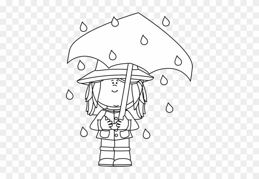 Black And White Girl Standing In The Rain - Rain And Umbrella Black And White Clipart #390322