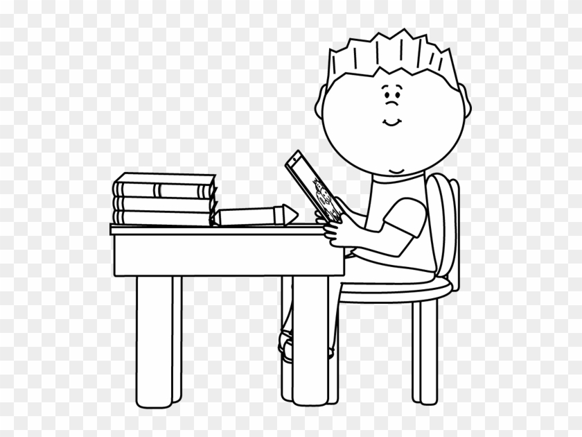 Black And White Boy At School Desk With Tablet Clip - Student Working Clipart Black And White #390901