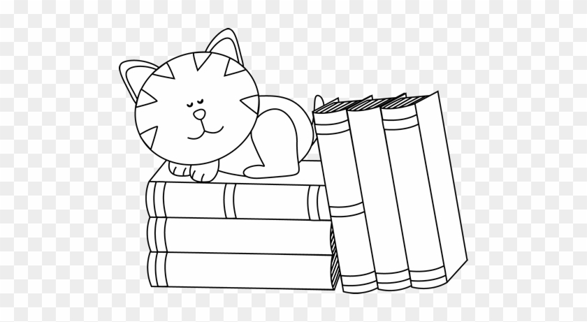 Black And White Cat Sleeping On Books Clip Art - Clip Art #390930