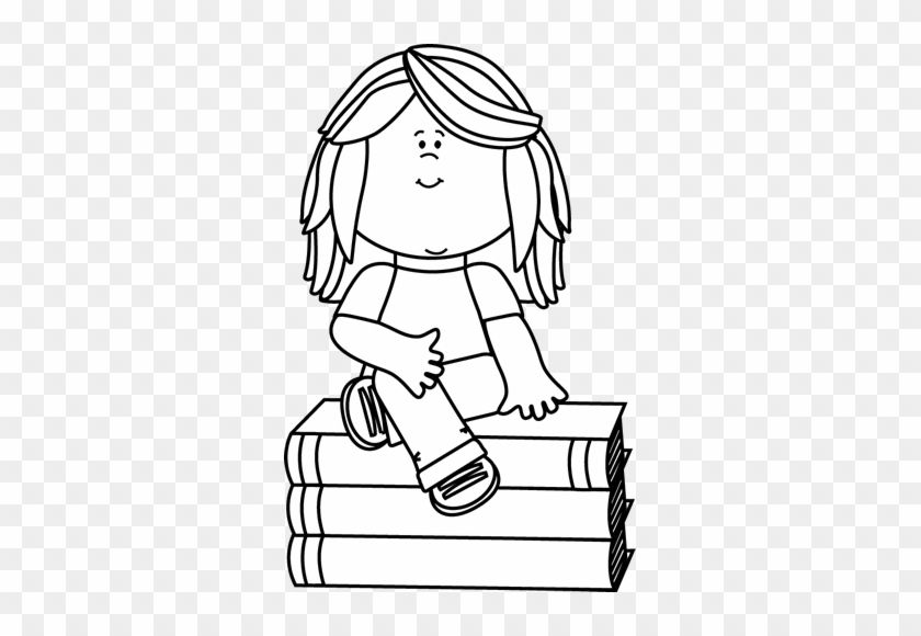 Black And White Little Girl Sitting On Books Clip Art - Free Clipart Books Black And White #390947
