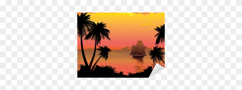 Silhouette Of The Jungle On The Ocean Background - Sunset Jungle Clipart #396882