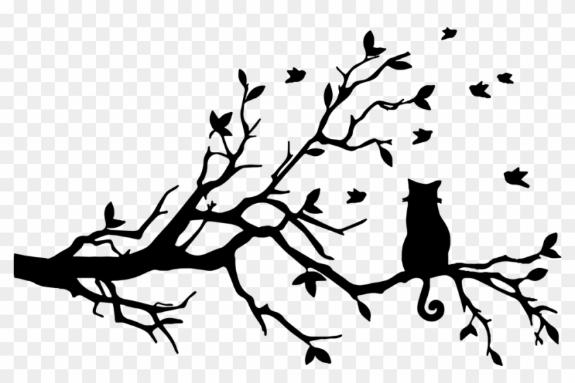 Tree Drawing Outline - Cat In Tree Silhouette #401357