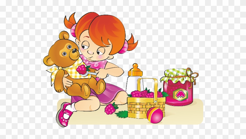 Baby Girl Playing With Teddy Bear - Cartoon Girl Play Bear #412378