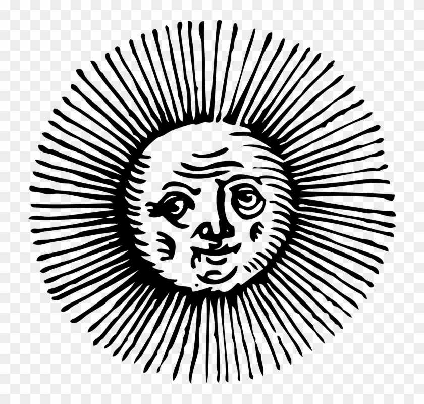 Sun Sketch Eyes Face Sunshine Smiling Woodcut - Old Sun Drawings Png #68434