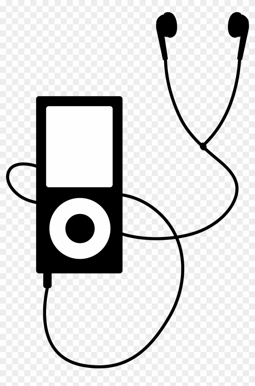 Listening To Music Clipart Black And White - Ipod With Headphones Drawing #76422