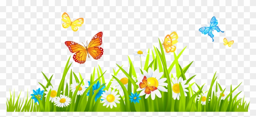 Grass Ground With Flowers And Butterflies Png Clipart - Spring Flower Border Clipart #422693