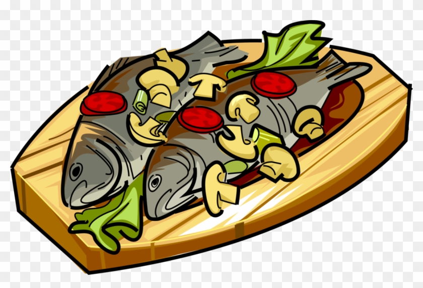Vector Illustration Of Roast Fish With Mushrooms And - Fish #426400