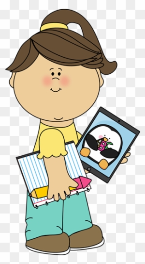 Girl With School Supplies And Tablet - Sad Face Girl Clipart