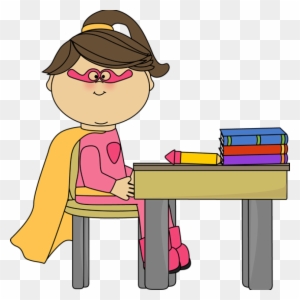 Girl Superhero At School Desk - Girl At Desk Clip Art