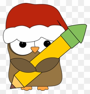 Christmas Owl Holding A Pencil - Christmas Teacher Clip Art