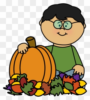 Boy Sitting In Leaves With Pumpkin Clip Art - Fall Kids Clipart