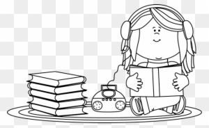 Black And White Girl Listening To A Book On A Cd Player - Girls Reading Clipart Black And White