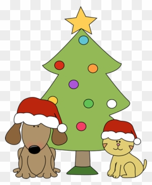 Christmas Dog And Cat In Front Of Tree - Christmas Dog And Cat Clip Art