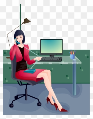 Cartoon Woman Computer File - Office Lady Sitting On Desk Illustration