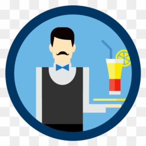 A Man Dressed In A Waiter's Uniform Holding A Tray - Food And Beverage Department Icon