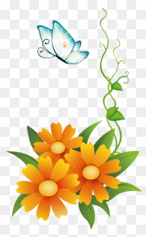 Comartres Orange Flowers With Butterfly - Butterfly With Flower Png