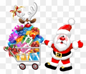 Santa And Reindeer Cartoon With Christmas Shopping - Santa And Reindeer Cartoon