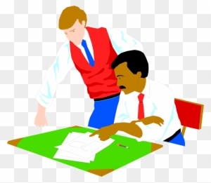Illustration Of Two Men Looking At Papers On A Desk - Clip Art