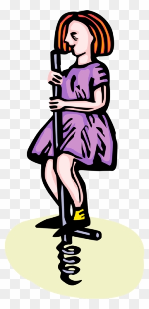 Vector Illustration Of Young Girl Plays With Pogo Stick - Pogo Stick