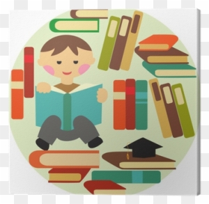Vector Illustration Of School Boy Reading On Pile Of - Book