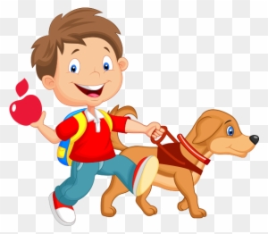 Cartoon Of Child Walking With Guide Dog - Kid Walking Dog Cartoon