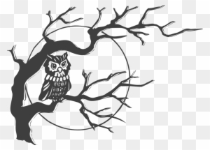 Creepy Clipart Moon - Owl On A Tree Drawing