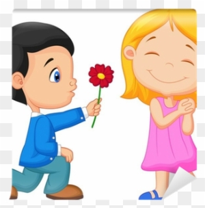 Little Boy Kneels On One Knee Giving Flowers To Girl - Boy Giving A Girl Flowers