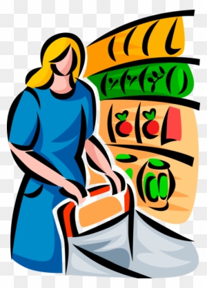 Vector Illustration Of Food Shopper With Shopping Cart - Grocery Store Clipart