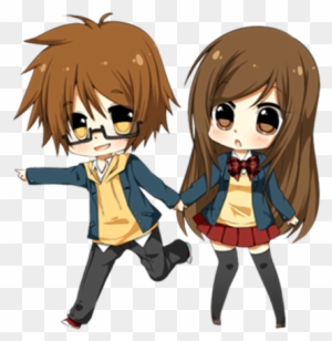 anime boy and girl holding hands chibi