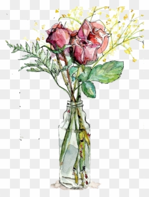 Garden Roses Vase Watercolor Painting Drawing Illustration - Flowers In Vase Watercolor Png